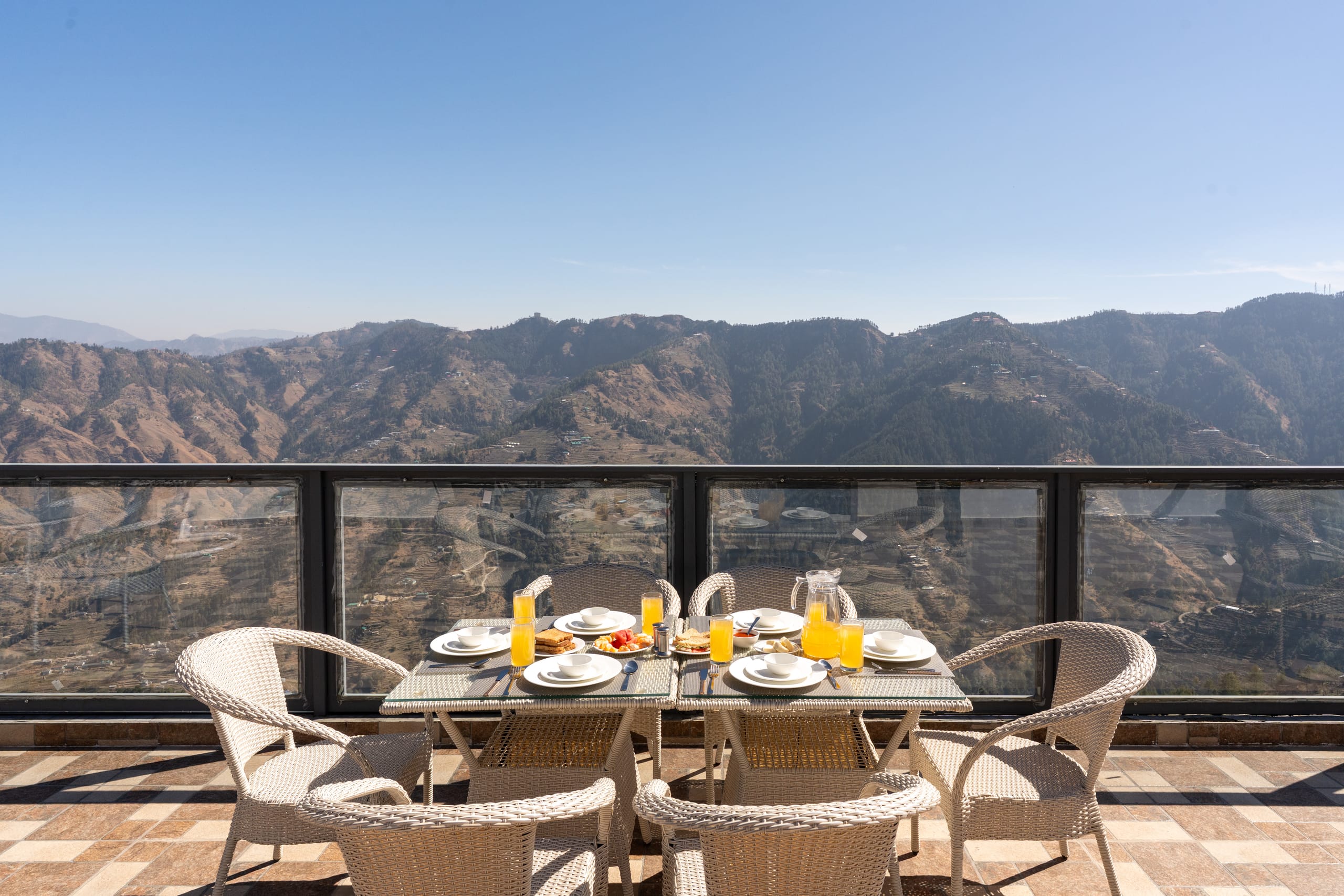 Mountain terrace dining at sunrise